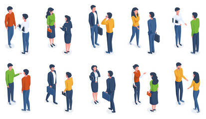 Isometric people. Male and female adult 3d isometric characters in casual clothes and different poses vector illustration set. Trendy isometric people