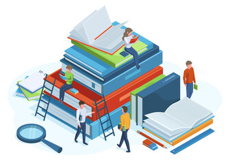 Isometric books concept. Reading people on huge 3d pile of books, male and female characters read books vector illustration. Library isometric concept