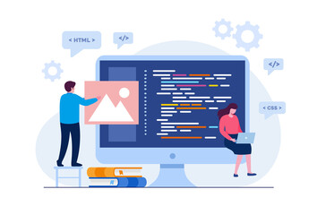 Wall Mural - web development. programming languages. css, html, it, ui. programmer cartoon character developing w