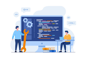 Wall Mural - web development. programming languages. css, html, it, ui. programmer cartoon character developing w