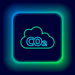 Sticker - Glowing neon line CO2 emissions in cloud icon isolated on black background. Carbon dioxide formula, smog pollution concept, environment concept. Colorful outline concept. Vector