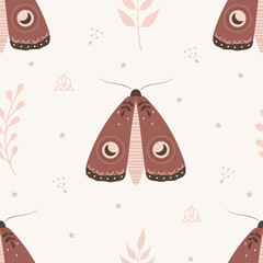 Wall Mural - Seamless pattern with boho moth. Insect with celestial elements. Witch and magic symbol for textile, fabric, prints. Abstract hand drawn vector illustration in bohemian style.