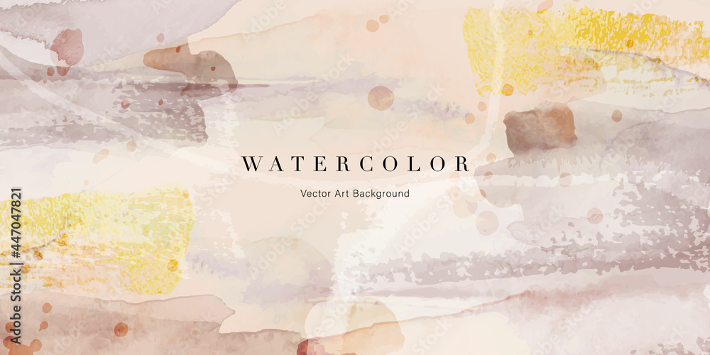 Watercolor art background vector. Wallpaper design with paint brush and gold line art. Earth tone brown, pink, ivory, beige watercolor Illustration for prints, wall art, cover and invitation cards. - obrazy, fototapety, plakaty 