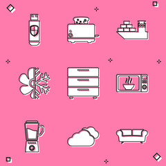 Poster - Set USB flash drive and shield, Toaster with toasts, Cargo ship, Air conditioner, Furniture nightstand and Microwave oven icon. Vector