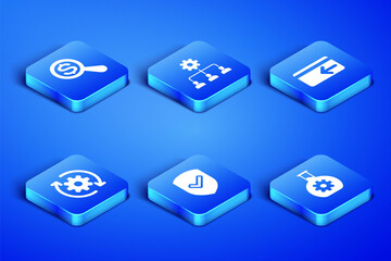 Poster - Set Bioengineering, Magnifying glass and dollar, Shield with check mark, Gear arrows workflow, Lead management and Cash back icon. Vector