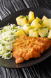 Polish food kotlet schabowy with boiled potatoes and cabbage salad close-up in a plate on a black background. Vertical