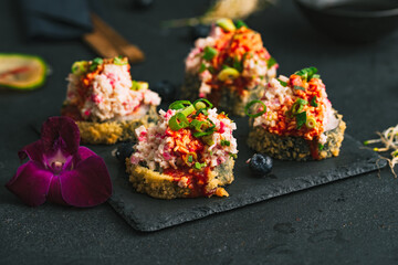 Wall Mural - Sushi. Sushi with surimi. Decorated sushi with surimi, wasabi and ginger. 