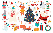 Big Set Of Christmas Decor Elements And Characters Isolated. Santa Claus, Elf, Bear, Gifts, Sleigh, Fir Tree Etc. Vector Flat Cartoon Illustration. For Xmas Card, Banner, Print, Pattern, Packaging.