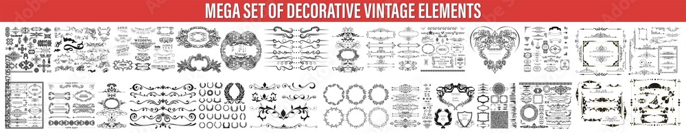Decorative Ornate Elements and Badges, Vector set of calligraphic design elements, Vector set of vintage styled calligraphic elements or flourishes, collection or set of vector decorative elements - obrazy, fototapety, plakaty 