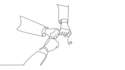 Wall Mural - Animated self drawing of one continuous line draw group of young male and female business people unite hands together to form five star shape. Unity teamwork concept. Full length single line animation