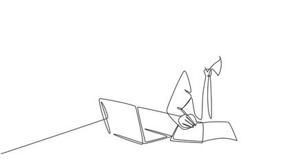 Poster - Self drawing animation of single line draw serious businessman staring at laptop writing business notes to the team member at office. Business letter concept continuous line draw. Full length animated