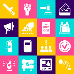 Poster - Set Hooligan shooting stones, Check mark round, Bulletproof vest, Judge gavel, Lying burning tires, Megaphone, Police rubber baton and Poll document icon. Vector