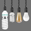 Electrical grid - Energy saving, led and Incandescent light bulb lamps down on top. Isolated