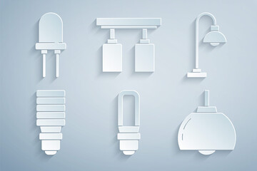 Poster - Set LED light bulb, Floor lamp, Chandelier, Led track lights lamps and Light emitting diode icon. Vector