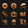 © vector_v - Set Suitcase, Cloud with rain, World travel map, Conveyor belt suitcase, Helicopter, Airline ticket, Passenger ladder and Plane icon. Vector