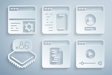 Set Software, Create account screen, Processor with microcircuits CPU, Online play video, and Debugging icon. Vector