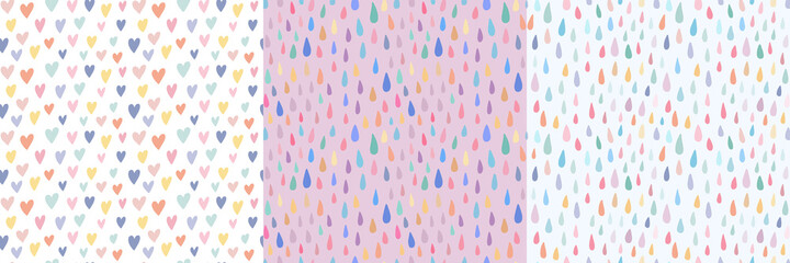 Wall Mural - set of three cute simple childish seamless pattern with hand drawn watercolor rainbow colors hearts,