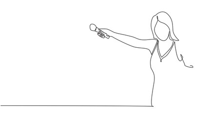 Wall Mural - Animated self drawing of continuous line draw young happy female singer hold microphone invite audience to sing on music concert. Musician artist performance concept. Full length single line animation