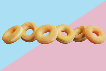 Wall Mural - flying doughnuts various glazed doughnuts on pastel color background. 3D Render Food minimal idea concept.