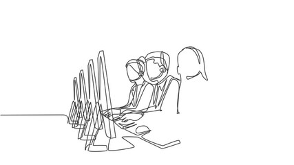 Wall Mural - Self drawing animation of single line draw male and female customer service team members answer complaint phone call from clients kindly. Call center concept continuous line draw. Full length animated