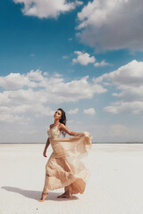 Wall Mural - beautiful woman with dark hair in elegant dress posing on the bridge in the salt lake