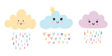 Set Of Three Cute Pink Baby Cloud With Smiling Kawaii Face And Rainbow Rain Drops And Hearts. Sweet Nursery Poster Design. Vector Illustration Childish Simple Scandinavian Hand Drawn Style Isolated.