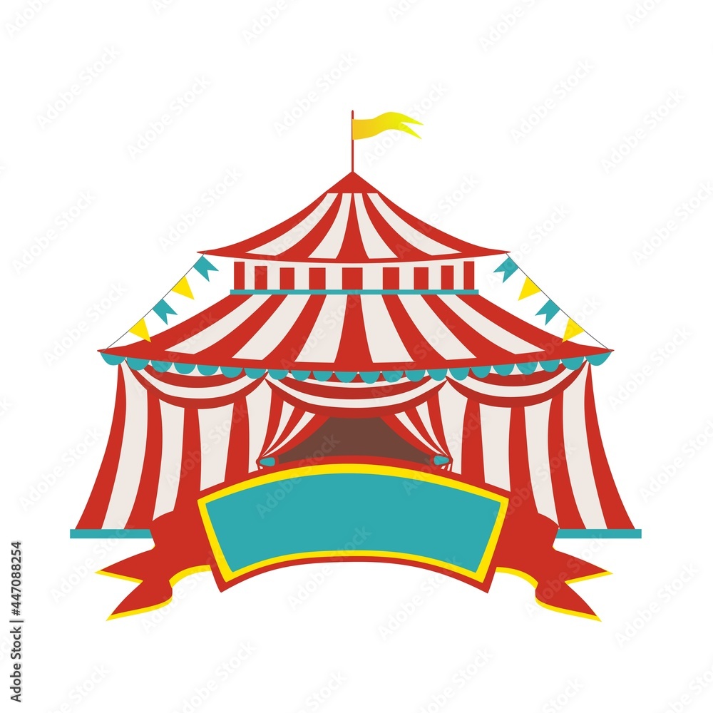 Circus red - white striped tent with a flag on the tops of the dome for ...