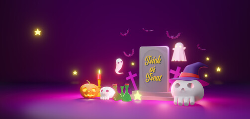 Canvas Print - Happy Halloween banner or party in illustration paper arts style. Trick or Treat Invitation card with text in 3d rendering