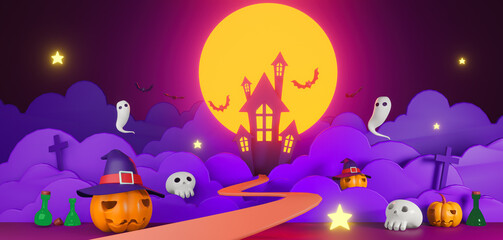 Canvas Print - Happy Halloween banner or party in illustration paper arts style. Trick or Treat Invitation card in 3d rendering