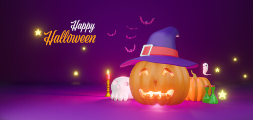 Canvas Print - Happy Halloween banner or party in illustration paper arts style. Trick or Treat Invitation card with text in 3d rendering