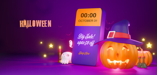 Canvas Print - Happy Halloween big sale banner or party in illustration paper arts style. Trick or Treat Invitation card with text in 3d rendering