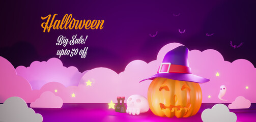 Canvas Print - Happy Halloween big sale banner or party in illustration paper arts style. Trick or Treat Invitation card with text in 3d rendering