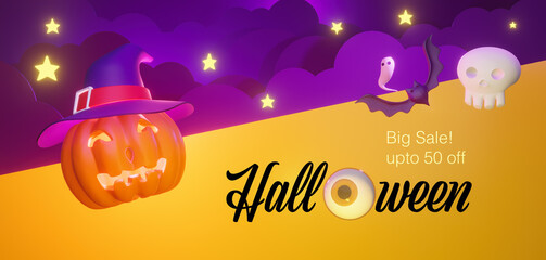 Canvas Print - Happy Halloween big sale banner or party in illustration paper arts style. Trick or Treat Invitation card with text in 3d rendering