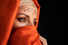 Close Up Portrait Of Beauty Young Muslim Woman In Hijab Looking At Camera