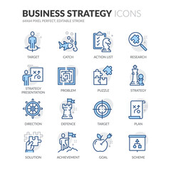 Wall Mural - Simple Set of Business Strategy Related Vector Line Icons.  Contains such Icons as Action List, Research, Solution and more. Editable Stroke. 64x64 Pixel Perfect.