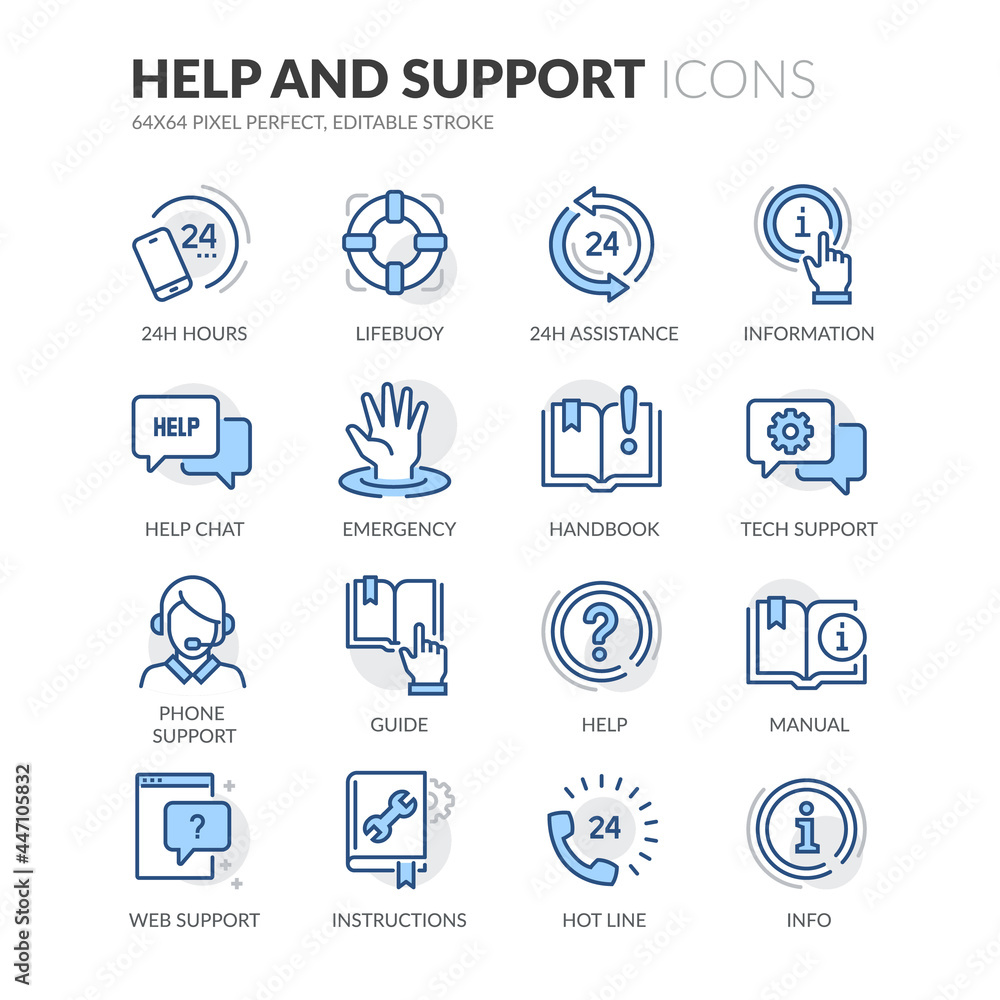 Line Help And Support Icons - obrazy, fototapety, plakaty 