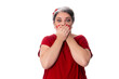 © Fernanda Flugel - Diversity of people chubby young lady with white hair and hands covering her mouth and widening her eyes wearing red outfit on white background.