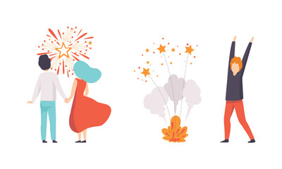 Poster - People Launching Fireworks Set, Happy People Celebrating Holidays and Enjoying Fireworks Show Flat Vector Illustration