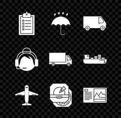 Poster - Set Verification of delivery list clipboard, Umbrella and rain drops, Delivery cargo truck vehicle, Plane, Pizza cardboard box, Postcard, Support operator touch and icon. Vector