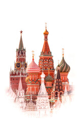Fototapete - St. Basil Cathedral and Spasskaya tower, Red Square, Moscow, isolated on white background with white stamp mask. Symbol of Russia for your design.