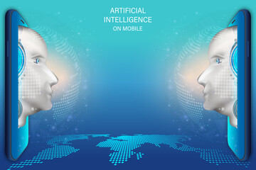 Artificial intelligence provide access to information and data in online smartphone or on mobile. AI in the form of face man cyborg or bot coming out of the screen phone