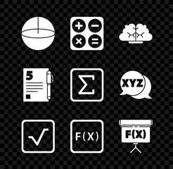 Set Geometric figure Sphere, Calculator, Human brain, Square root, Function mathematical symbol, Chalkboard, Test exam sheet and pen and Sigma icon. Vector