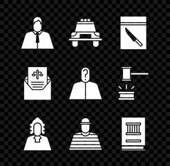 Sticker - Set Lawyer, attorney, jurist, Police car and flasher, Evidence bag knife, Judge, Prisoner, book, Subpoena and Anonymous with question mark icon. Vector