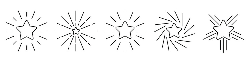 Wall Mural - Star icon. Set of linear stars with rays. Vector illustration. Black vector icons.