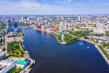 Panorama Of Yekaterinburg City Center And River Iset. View From Above. Russia