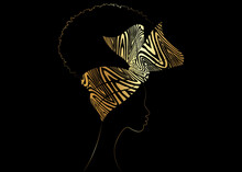 Portrait African Woman Wears Bandana For Curly Hairstyles. Shenbolen Ankara Headwrap Women. Afro Traditional Headtie Scarf Turban In Gold Zebra Fabric Design Texture. Vector Isolated On Black