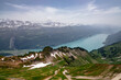 Aerial Panoramic View - Train from Rothorn to Brienz - Brienz-Rothorn bahn is a cogwheel narrow gauge railway with beautiful mountain and Brinzersee lake views in Switzerland, Swiss Alps