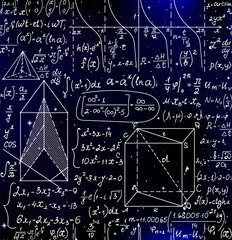 Wall Mural - math vector seamless pattern with formulas, figures and calculations handwritten on starry space bac