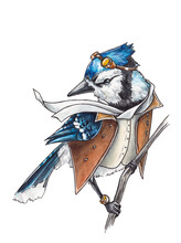 Watercolor Illustration Of A Blue Jay Traveler. Bird In Clothes. Drawing Of Steampunk Clothing. Steampunk Bird