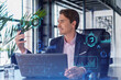 © VideoFlow - Businessman in suit using smart phone to optimize development by implying new technologies in business process. Interconnections and hi tech hologram over modern panoramic office background.